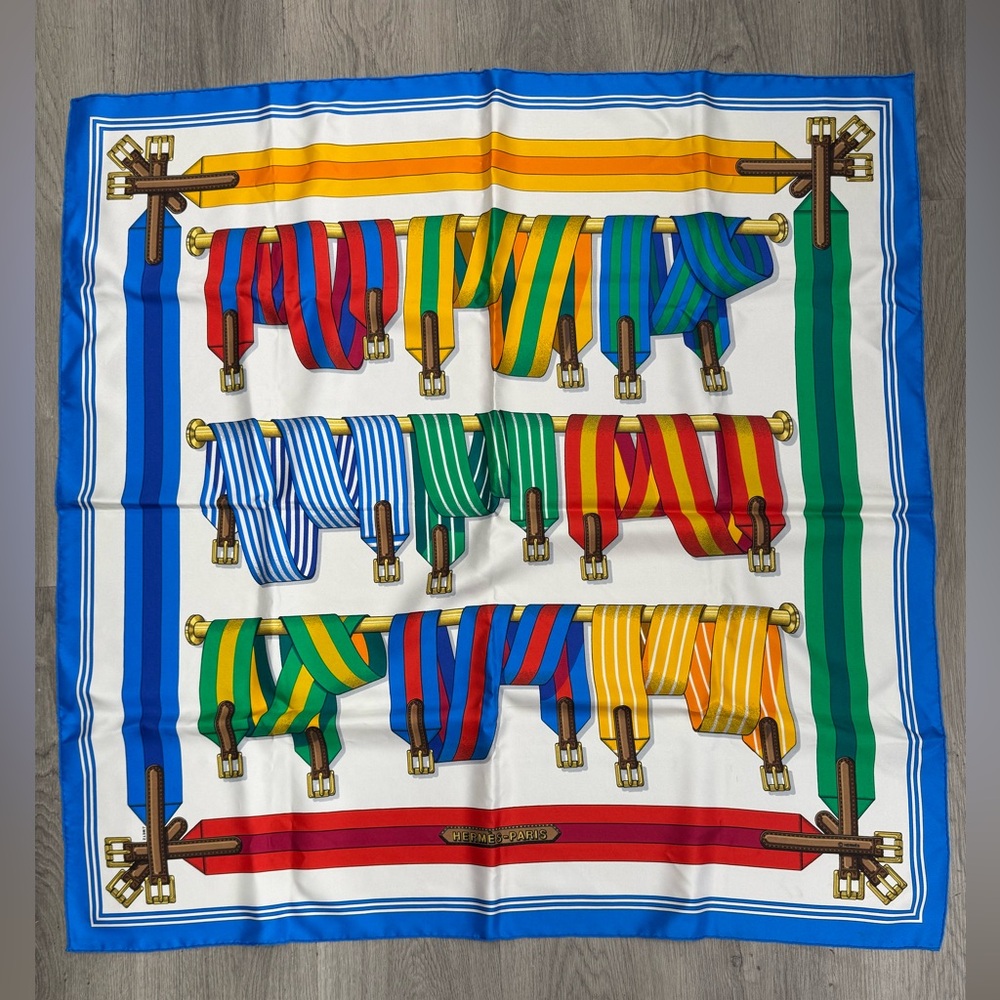 Hermes Multicolor Striped Ribbon Print Silk Scarf - Blue, Red, Green, Yellow